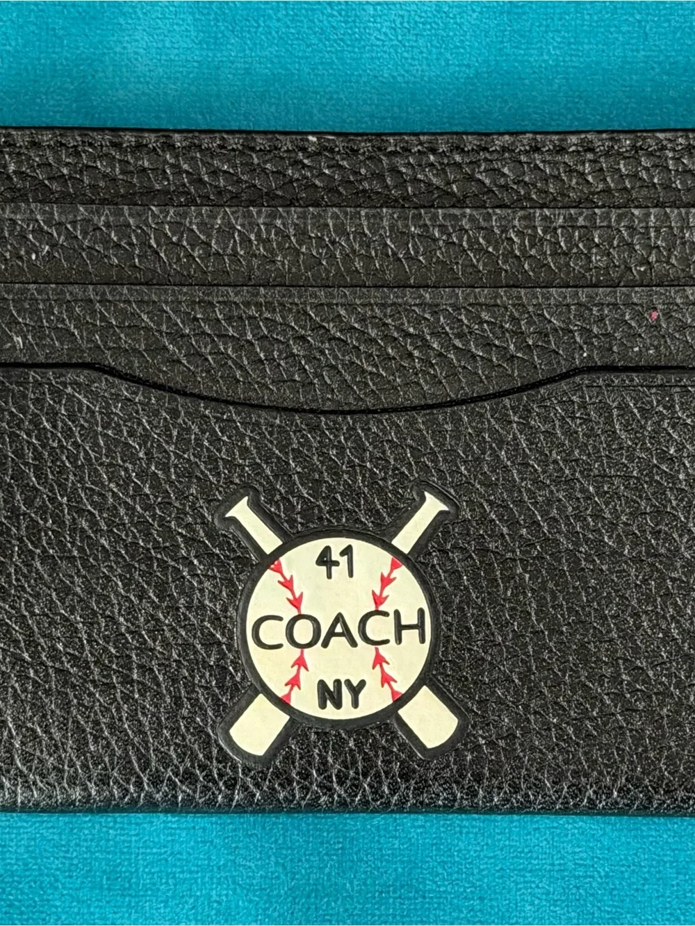 Coach Black Leather Card Holder with Baseball Logo